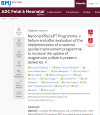 Screen shot of the PReCePT programme paper in Archives of Disease in Childhood