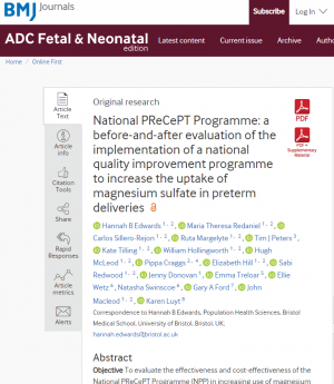 Screen shot of the PReCePT programme paper in Archives of Disease in Childhood
