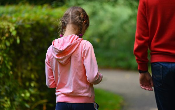 A young girl with her back to the camera and her hair in plaits, wearing a pink hoodie in a park