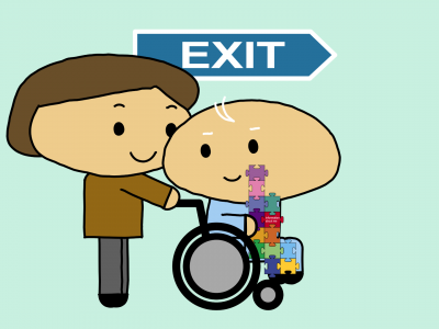 Illustration of frail older patient leaving hospital. Credit: Jon Birch