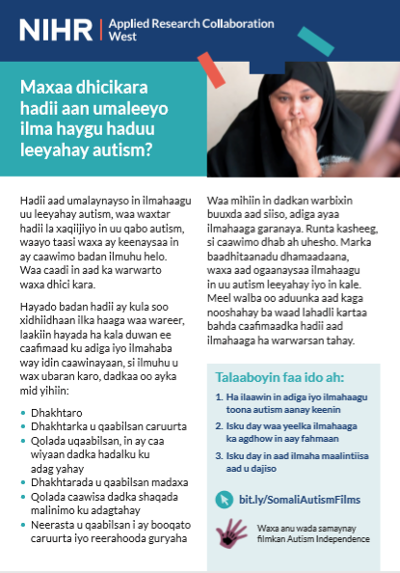What happens if I think my child has autism factsheet in Somali