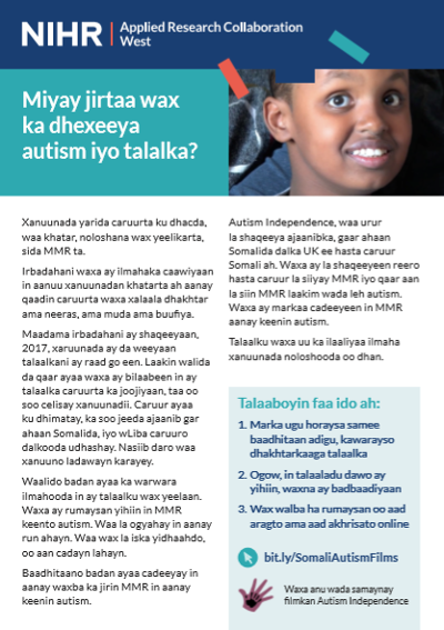 Is there a link between autism and vaccinations factsheet in Somali
