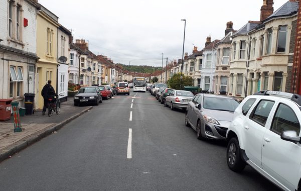 A bus drives down Belle Vue Road in Easton, Bristol