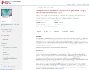 Screenshot of the paper Care planning in older adult care homes: a qualitative study of care staff experiences and views