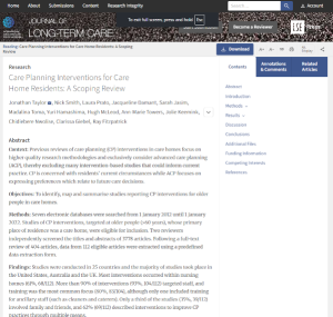 Screenshot of the paper Care Planning Interventions for Care Home Residents: A Scoping Review