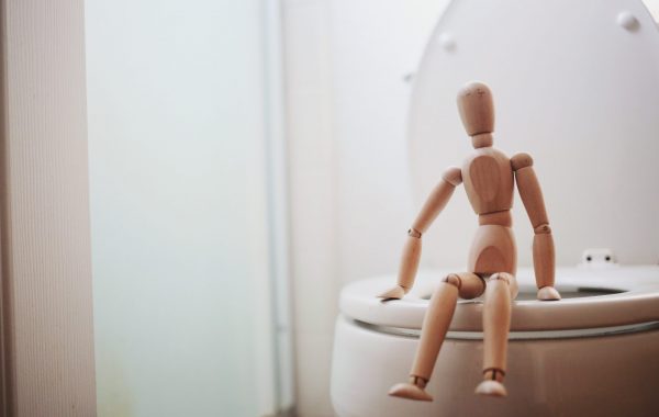 A wooden artist's model sitting on the edge of a toilet