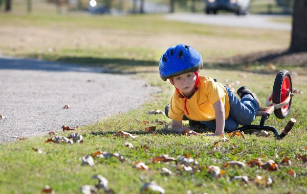A toddler has fallen off their bike and is lying on some grass