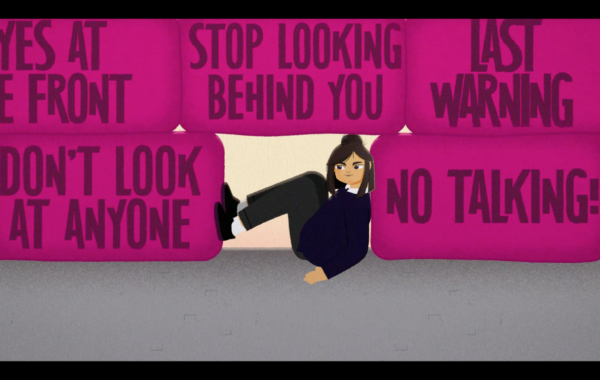 A screenshot from the school discipline animation showing a young person being crowded by phrases like 'stop looking behind you' and 'no talking'