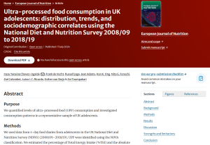 Screenshot of paper titled: Ultra-processed food consumption in UK adolescents: distribution, trends, and sociodemographic correlates using the National Diet and Nutrition Survey 2008/09 to 2018/19