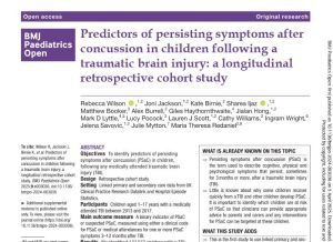 Screenshot of the research paper titled Predictors of persisting symptoms after concussion in children following a traumatic brain injury: a longitudinal retrospective cohort study